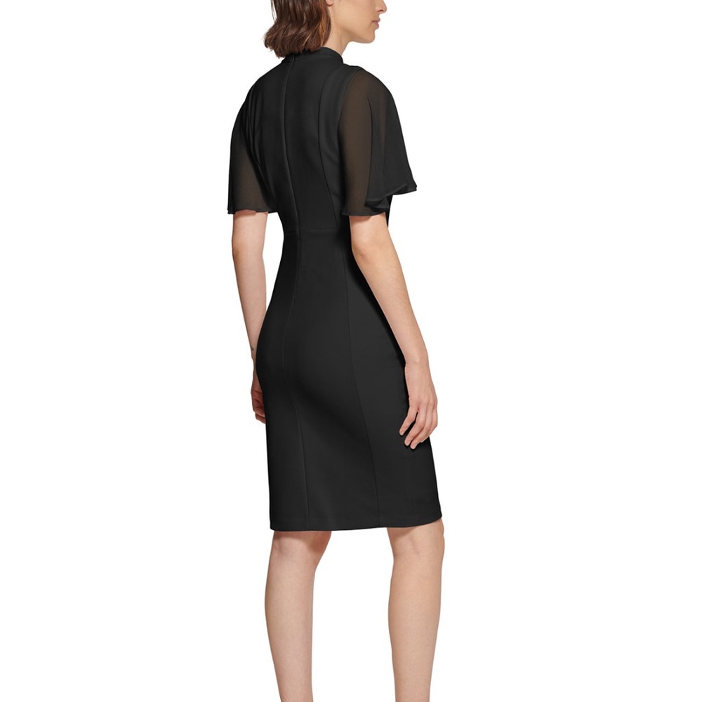 CALVIN KLEIN TIE NECK CHIFFON FLUTTER SLEEVE SHEATH DRESS, BLACK, SIZE 2 - Picture 2 of 12